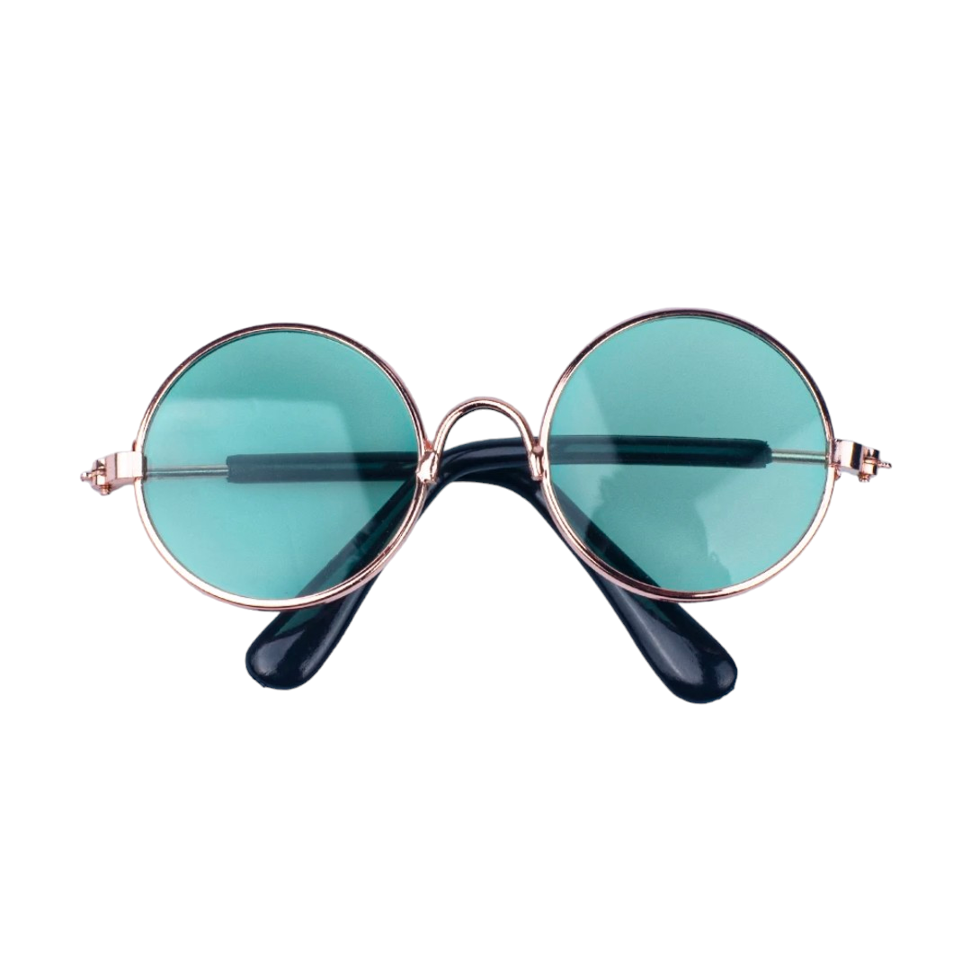 Hashies™ aqua-tinted round sunglasses with gold-tone metal frame and black earpieces on a white background."