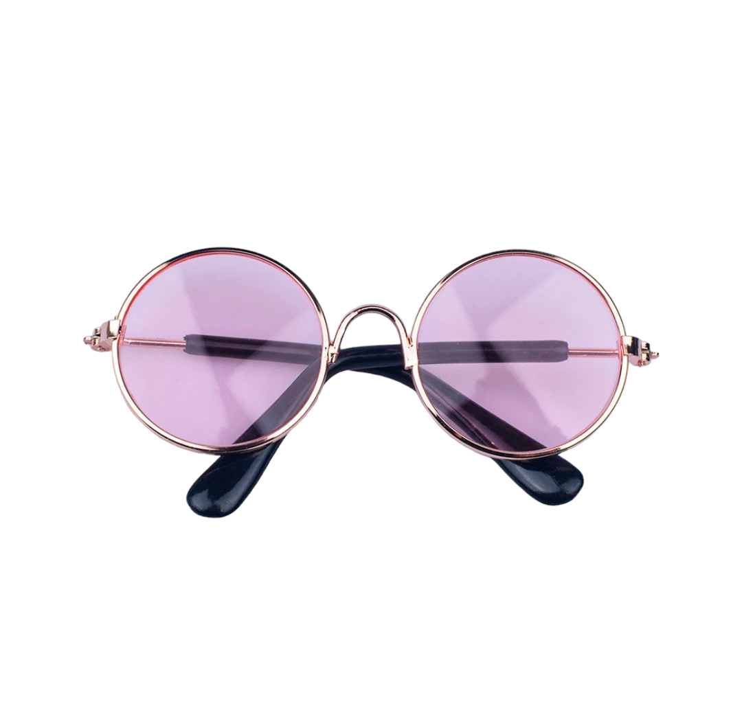 Hashies™ vintage round sunglasses with lavender-tinted lenses and a gold-tone frame, featuring black earpieces