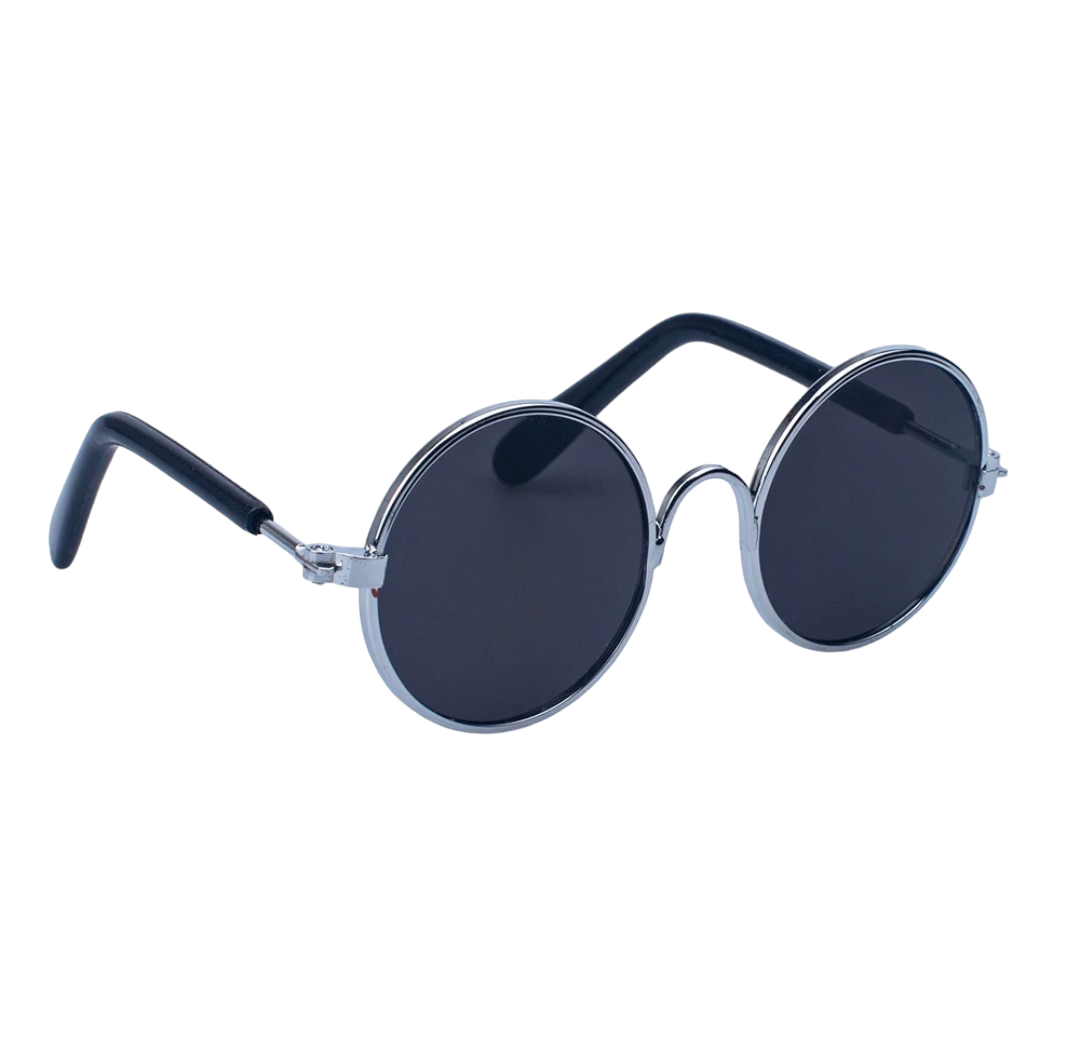 Side view of Hashies™ round sunglasses with dark lenses and a silver-tone metal frame, featuring black earpieces