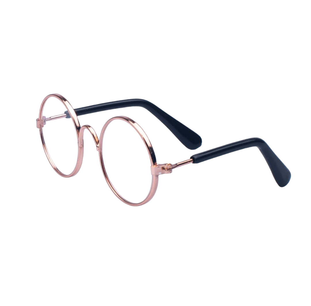 Angled view of Hashies™ round clear glasses with gold-tone frame and black earpieces