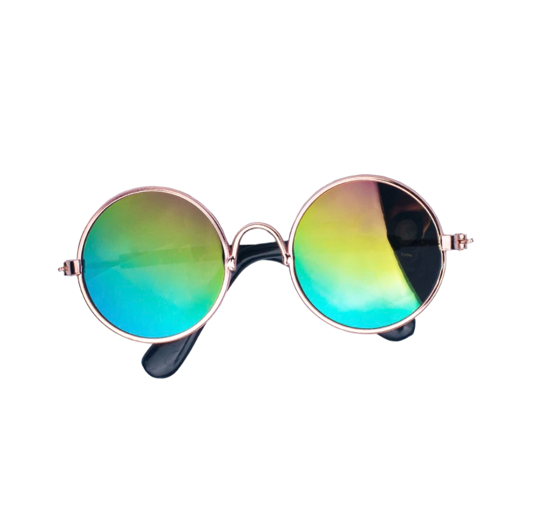 Hashies™ round sunglasses showcasing a multicolored gradient from yellow to teal with a rose-gold frame and black earpieces.
