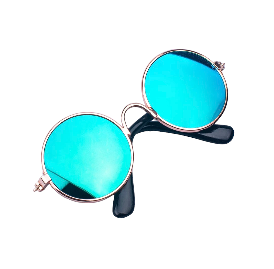 Hashies™ round sunglasses with turquoise lenses and a rose gold frame, complemented by black earpieces.